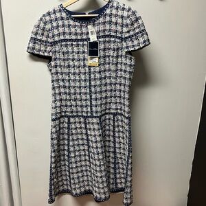 Oscar de la Renta Navy Blue/Multicolor Tweed Petal Sleeve Dress Sz. US 10 NWT